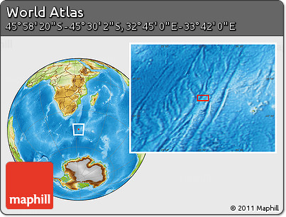 Physical Location Map of the Area around 45° 44' 11" S, 33° 13' 30" E