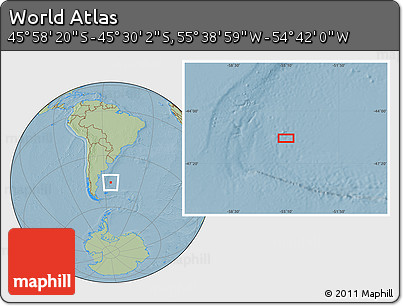 Savanna Style Location Map of the Area around 45° 44' 11" S, 55° 10' 29" W, hill shading