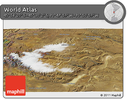 Satellite 3D Map of the Area around 45° 44' 11" S, 71° 19' 29" W