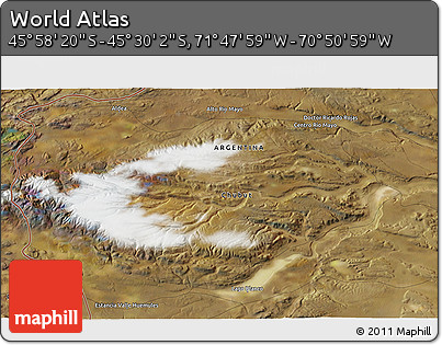 Satellite 3D Map of the Area around 45° 44' 11" S, 71° 19' 29" W