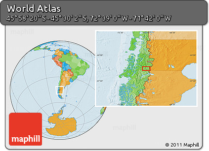Political Location Map of the Area around 45° 44' 11" S, 72° 10' 30" W