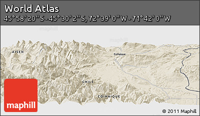 Shaded Relief Panoramic Map of the Area around 45° 44' 11" S, 72° 10' 30" W