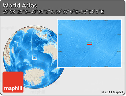 Shaded Relief Location Map of the Area around 45° 44' 11" S, 94° 25' 30" E