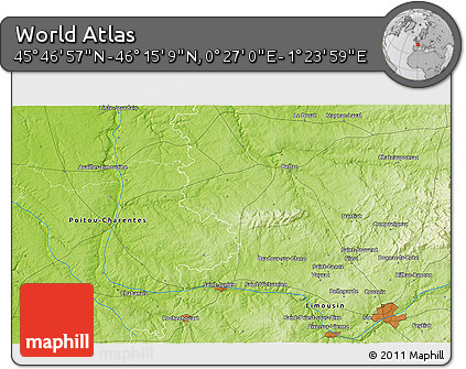 Physical 3D Map of the Area around 46° 1' 3" N, 0° 55' 29" E