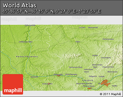 Physical 3D Map of the Area around 46° 1' 3" N, 0° 55' 29" E