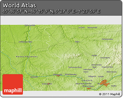 Physical 3D Map of the Area around 46° 1' 3" N, 0° 55' 29" E
