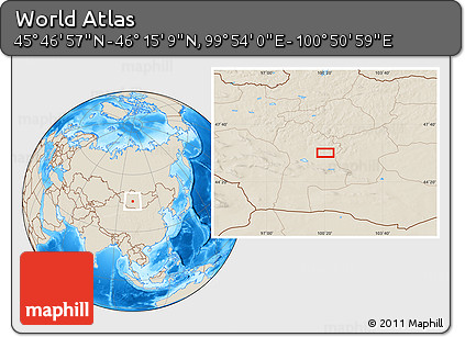 Shaded Relief Location Map of the Area around 46° 1' 3" N, 100° 22' 30" E