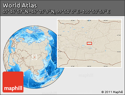 Shaded Relief Location Map of the Area around 46° 1' 3" N, 100° 22' 30" E