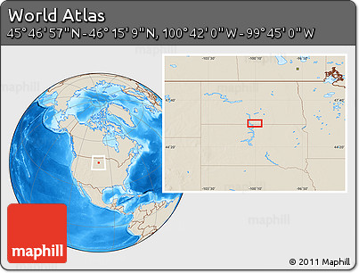 Shaded Relief Location Map of the Area around 46° 1' 3" N, 100° 13' 29" W