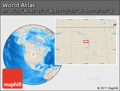 Shaded Relief Location Map of the Area around 46° 1' 3" N, 101° 4' 29" W