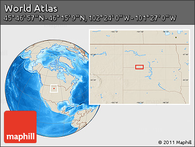 Shaded Relief Location Map of the Area around 46° 1' 3" N, 101° 55' 30" W