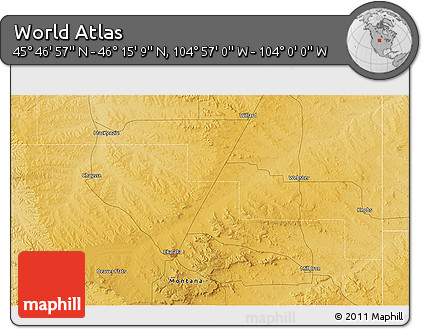 Physical 3D Map of the Area around 46° 1' 3" N, 104° 28' 29" W