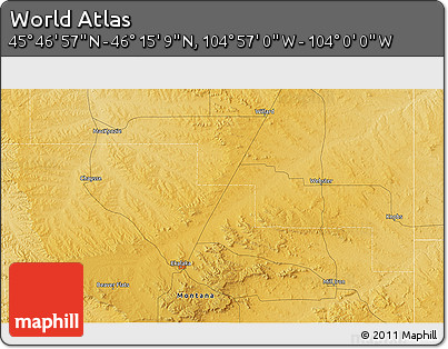 Physical 3D Map of the Area around 46° 1' 3" N, 104° 28' 29" W