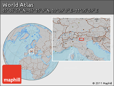 Gray Location Map of the Area around 46° 1' 3" N, 11° 7' 30" E, hill shading