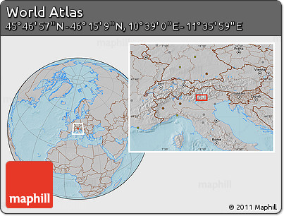 Gray Location Map of the Area around 46° 1' 3" N, 11° 7' 30" E, hill shading