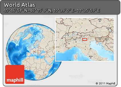 Shaded Relief Location Map of the Area around 46° 1' 3" N, 11° 7' 30" E