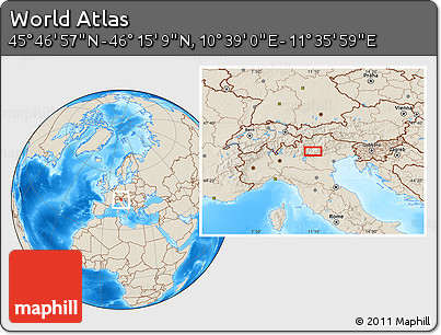 Shaded Relief Location Map of the Area around 46° 1' 3" N, 11° 7' 30" E