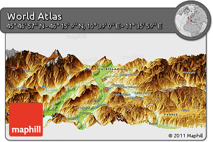 Physical Panoramic Map of the Area around 46° 1' 3" N, 11° 7' 30" E