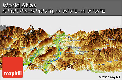 Physical Panoramic Map of the Area around 46° 1' 3" N, 11° 7' 30" E