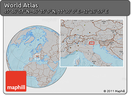 Gray Location Map of the Area around 46° 1' 3" N, 11° 58' 29" E, hill shading