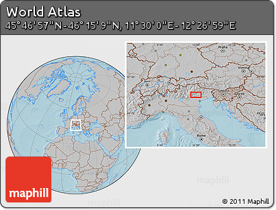 Gray Location Map of the Area around 46° 1' 3" N, 11° 58' 29" E, hill shading
