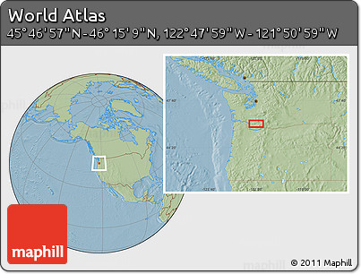 Savanna Style Location Map of the Area around 46° 1' 3" N, 122° 19' 29" W, hill shading