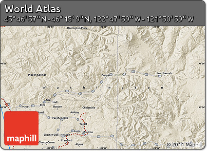 Shaded Relief Map of the Area around 46° 1' 3" N, 122° 19' 29" W