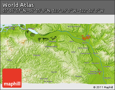 Physical 3D Map of the Area around 46° 1' 3" N, 123° 10' 30" W