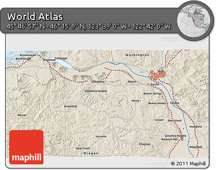 Shaded Relief 3D Map of the Area around 46° 1' 3" N, 123° 10' 30" W