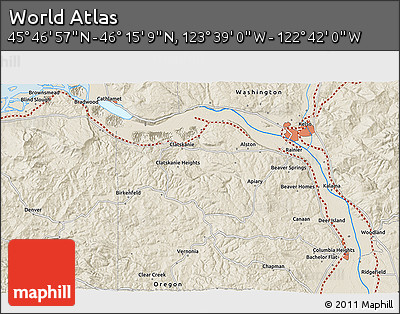 Shaded Relief 3D Map of the Area around 46° 1' 3" N, 123° 10' 30" W