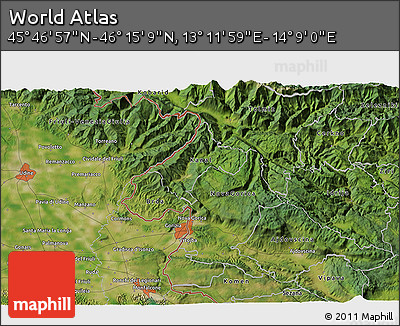 Satellite 3D Map of the Area around 46° 1' 3" N, 13° 40' 30" E