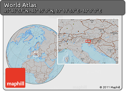 Gray Location Map of the Area around 46° 1' 3" N, 13° 40' 30" E, hill shading