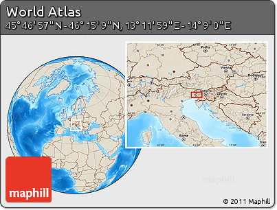 Shaded Relief Location Map of the Area around 46° 1' 3" N, 13° 40' 30" E