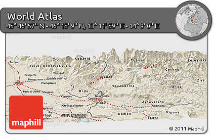 Shaded Relief Panoramic Map of the Area around 46° 1' 3" N, 13° 40' 30" E
