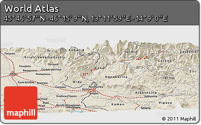 Shaded Relief Panoramic Map of the Area around 46° 1' 3" N, 13° 40' 30" E