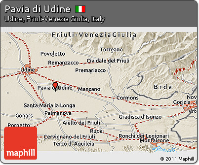 Shaded Relief Panoramic Map of Pavia Di Udine