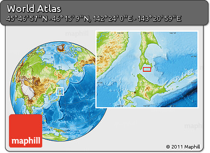 Physical Location Map of the Area around 46° 1' 3" N, 142° 52' 30" E