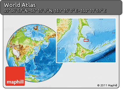 Physical Location Map of the Area around 46° 1' 3" N, 143° 43' 29" E