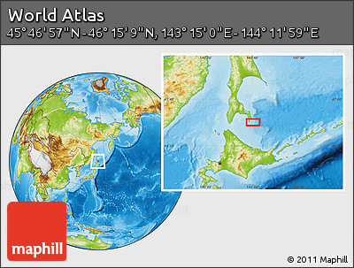 Physical Location Map of the Area around 46° 1' 3" N, 143° 43' 29" E