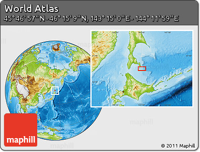 Physical Location Map of the Area around 46° 1' 3" N, 143° 43' 29" E