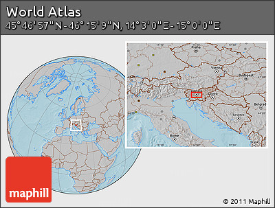 Gray Location Map of the Area around 46° 1' 3" N, 14° 31' 30" E, hill shading