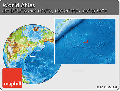 Physical Location Map of the Area around 46° 1' 3" N, 159° 52' 30" E
