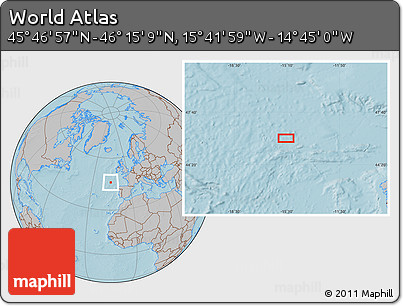Gray Location Map of the Area around 46° 1' 3" N, 15° 13' 29" W, hill shading