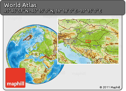 Physical Location Map of the Area around 46° 1' 3" N, 18° 46' 29" E