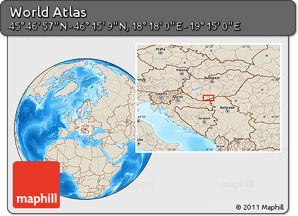 Shaded Relief Location Map of the Area around 46° 1' 3" N, 18° 46' 29" E