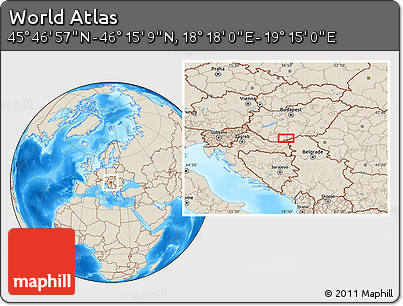 Shaded Relief Location Map of the Area around 46° 1' 3" N, 18° 46' 29" E