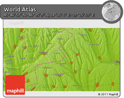 Physical 3D Map of the Area around 46° 1' 3" N, 28° 58' 30" E