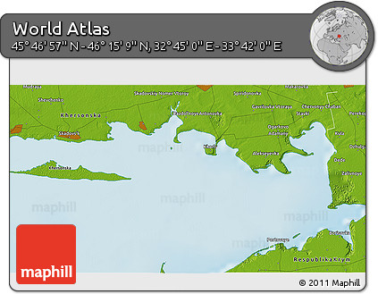 Physical 3D Map of the Area around 46° 1' 3" N, 33° 13' 30" E