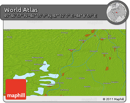 Physical 3D Map of the Area around 46° 1' 3" N, 47° 40' 29" E