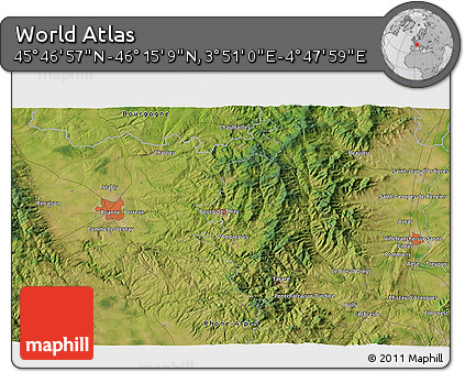 Satellite 3D Map of the Area around 46° 1' 3" N, 4° 19' 30" E